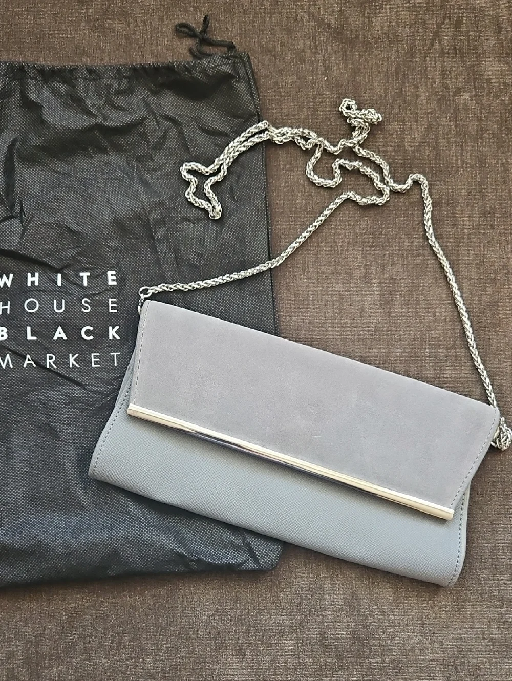 White House Black Market Light Gray Clutch with Silver Chain